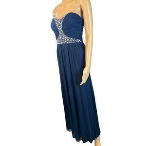 Rhinestone Embellished Floor Length Strapless Formal Gown in Midnight Blue